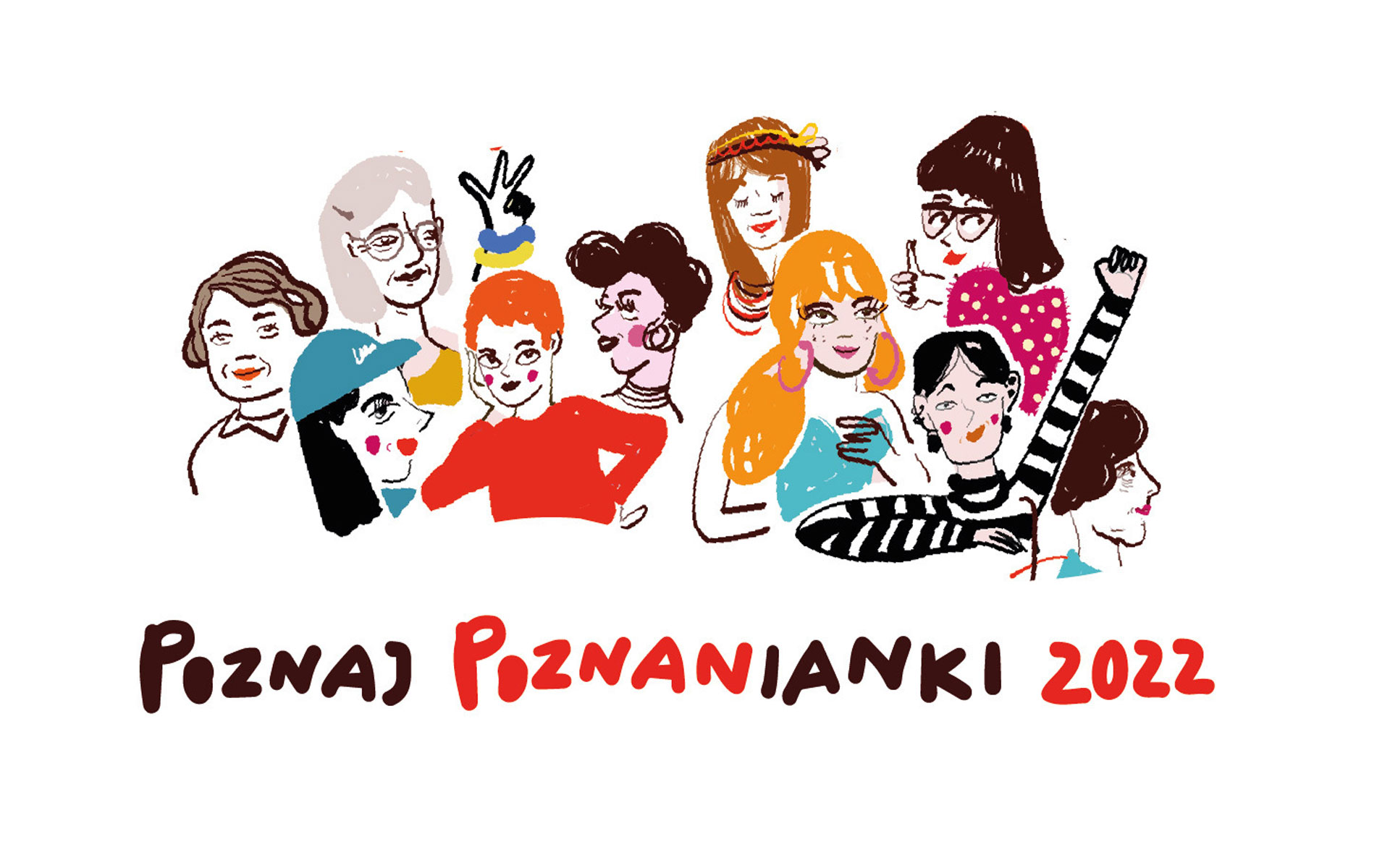 Grafika: rysunek wielu kobiet w zróżnicowanym wieku, poniżej napis: Poznań poznanianki 2022 - grafika rozmowy