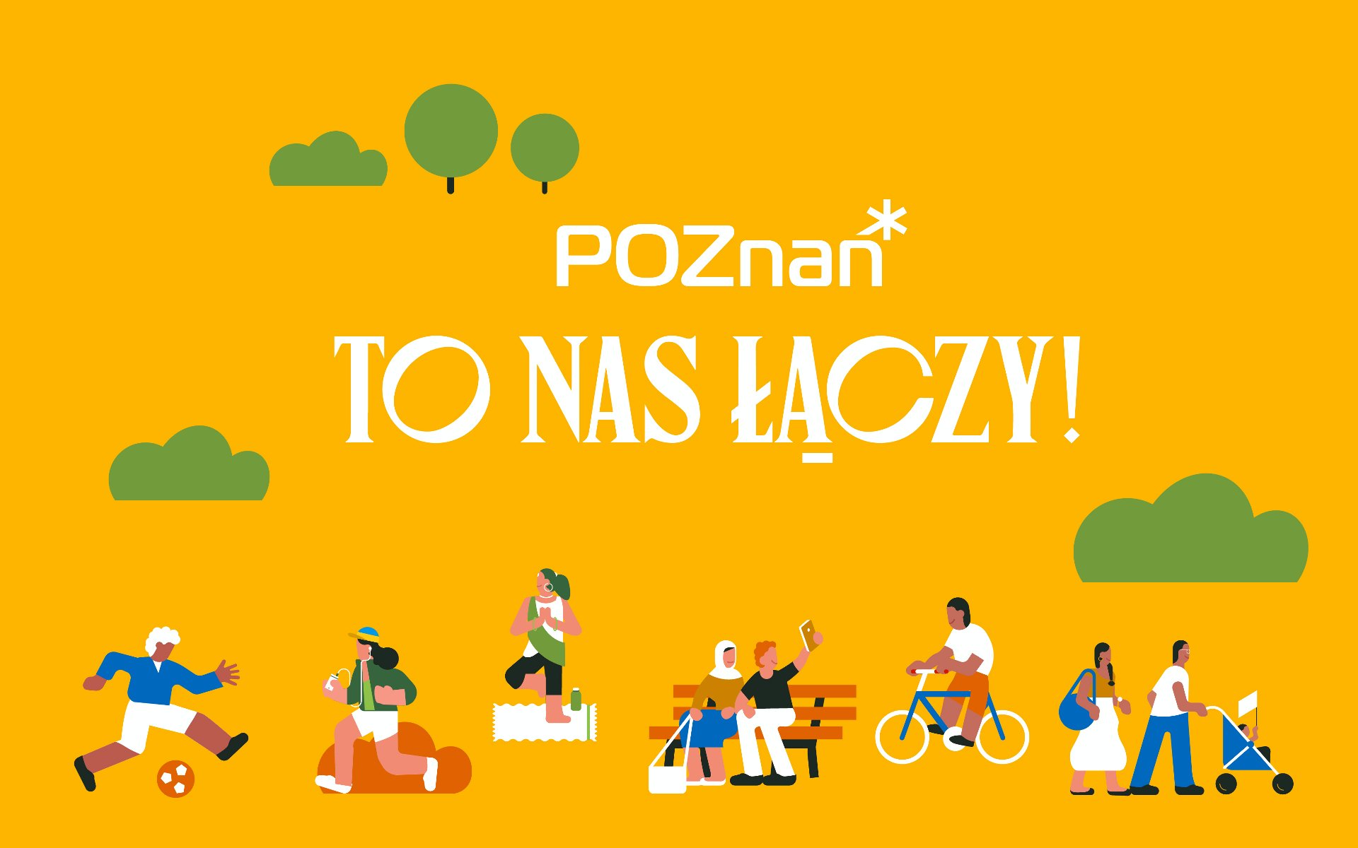 Grafika: na żółtym tle schematyczne rysunki ludzi robiących różne rzeczy, nad nimi napis: Poznań, to nas łączy - grafika rozmowy