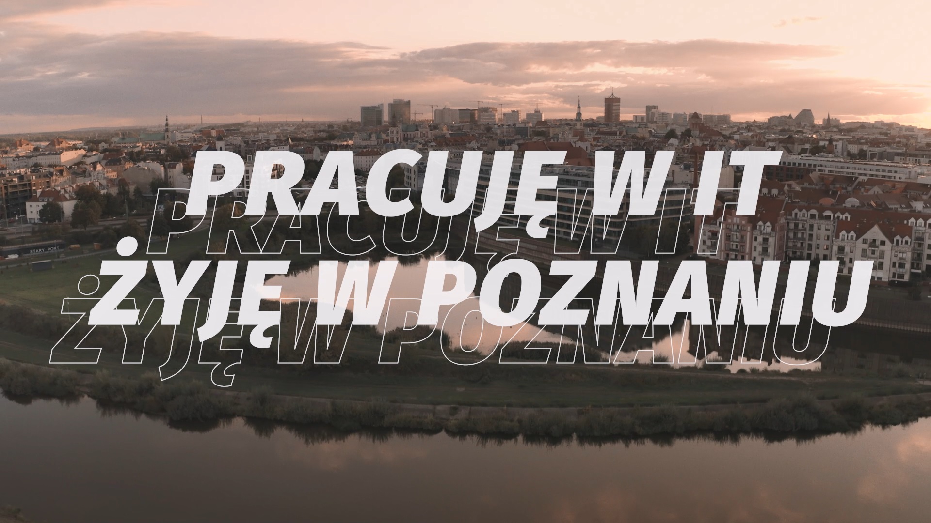 Zdjęcie przedstawia panoramę Poznania. Na fotografię naniesiony jest także napis "Pracuję w IT, żyję w Poznaniu". - grafika rozmowy