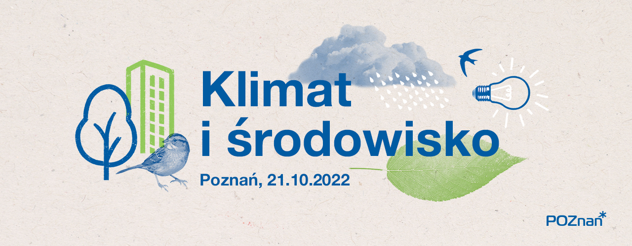 Plakat z niebieskimi napisami oraz elementami graficznymi ptaków, budynków i drzew - grafika rozmowy