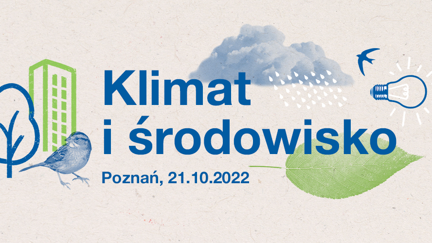 Plakat z niebieskimi napisami oraz elementami graficznymi ptaków, budynków i drzew