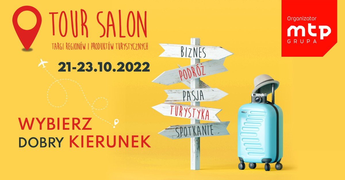 Plakat: na żółtym tle napis: Tour Salon, poniżej grafika drogowskazu i walizki - grafika rozmowy