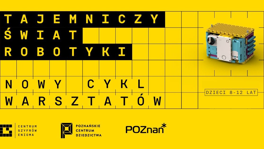 Żółty plakat z czarnymi elementami oraz napisami, obok konstrukcja wykonana z klocków Lego