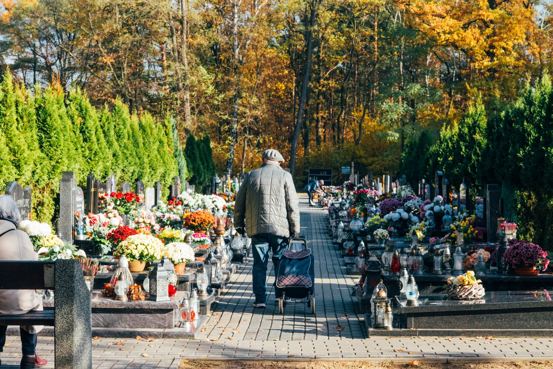 Na zdjęciu cmentarna alejka, jej środkiem idzie senior, po bokach nagrobki z kwiatami - grafika rozmowy