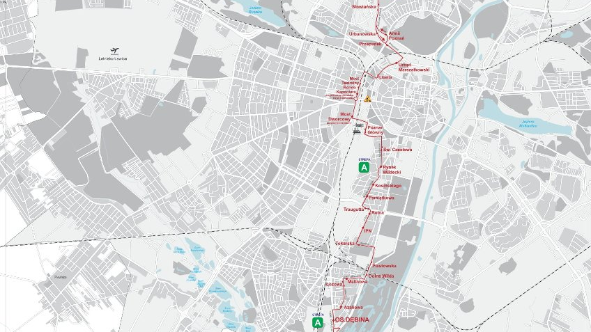 Mapka prezentująca przebieg trasy linii nr 215