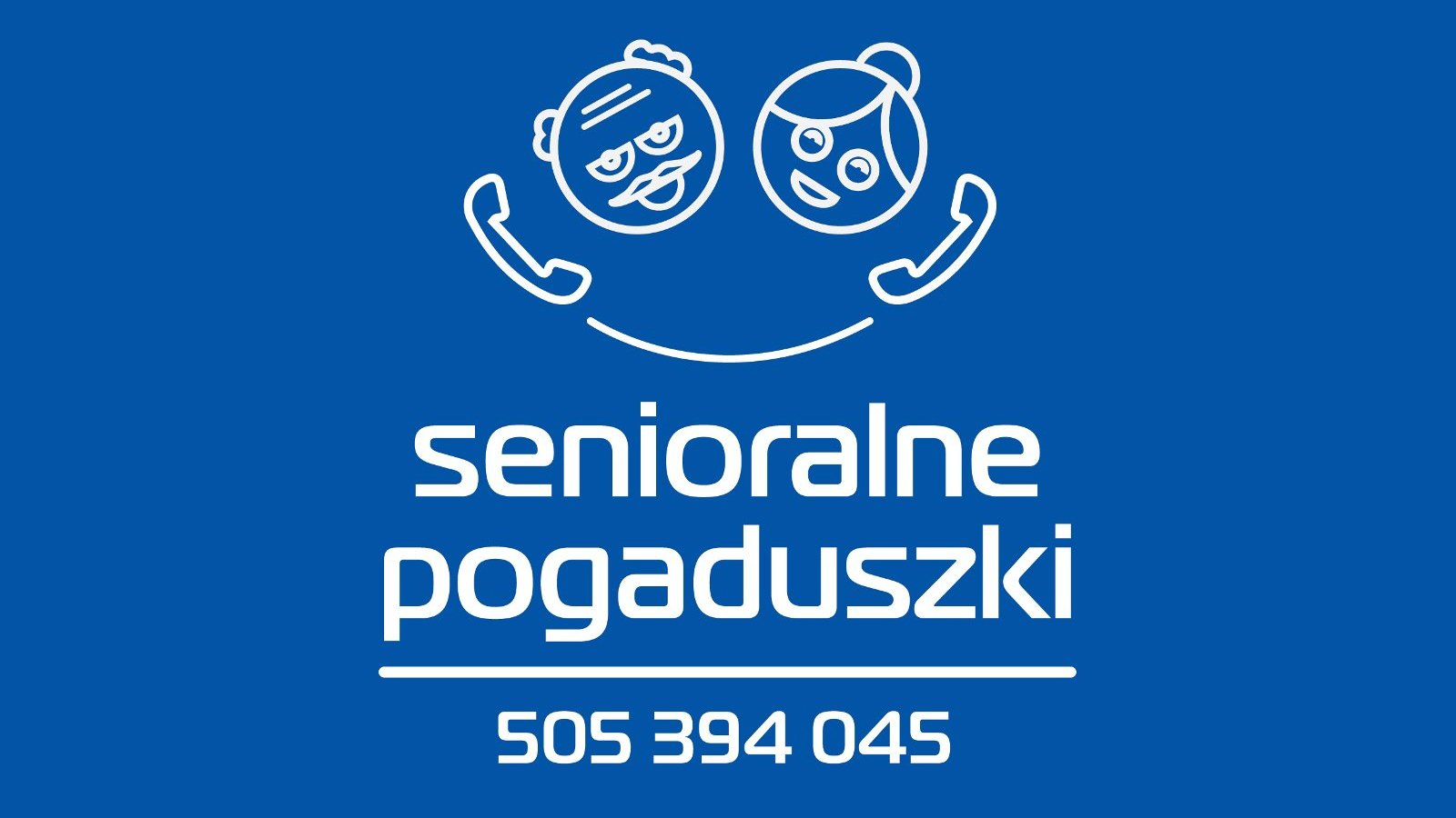 Grafika: schematyczne twarze seniorów rozmawiających przez telefon na granatowym tle - grafika rozmowy