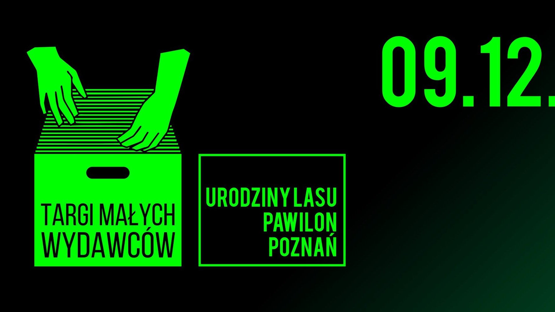 Ciemny plakat z zielononymi informacjami o wydarzeniu oraz elementami graficznymi