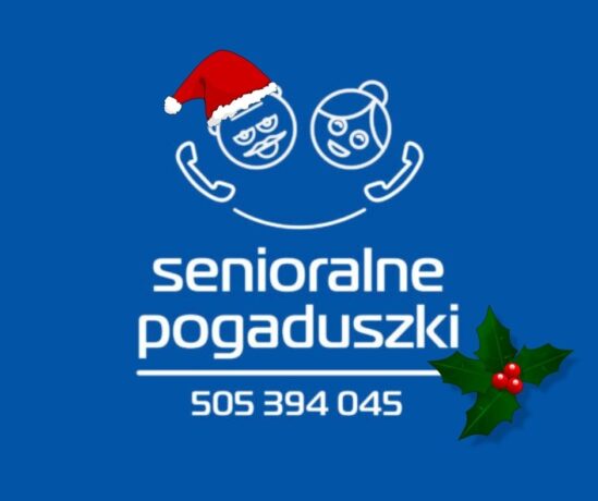 Grafika: schematyczny rysunek głów dwojga seniorów połączonych telefonem, jedno z nich ma świąteczną czapkę, poniżej napis: senioralne pogaduszki - grafika rozmowy