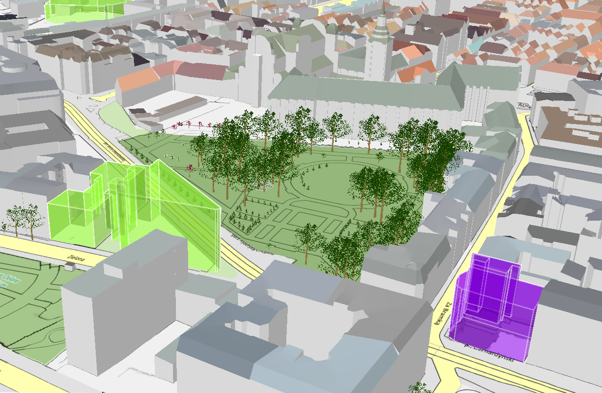 Galeria zdjęć przedstawia zrzuty ekranu z trójwymiarowej mapy Poznania. Na zdjęciach widać modele 3D budynków. - grafika rozmowy