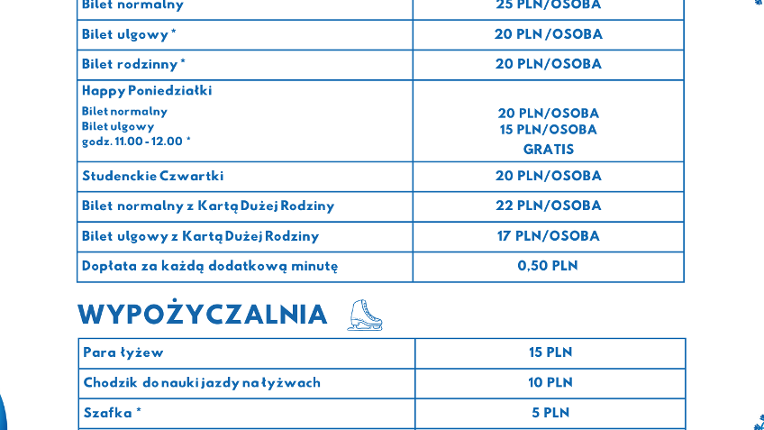 Grafika przedstawia informacje dotyczące cennika lodowiska na pl. Wolności.