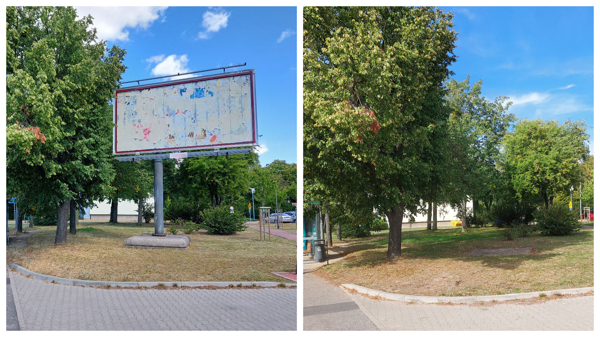 Kolaż zdjęć: po lewej stronie widać fragment ulicy i trawnik, na którym stoi wielkoformatowa reklama. Po prawej widać ten sam kadr, jednak bez nośnika reklamy na trawniku. - grafika rozmowy