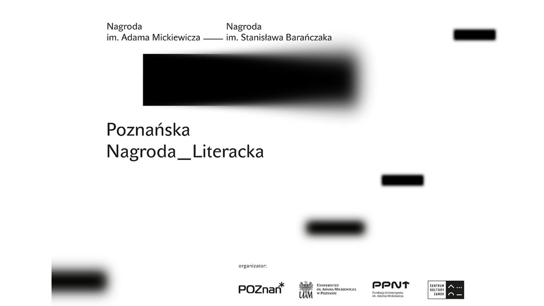 Grafika z informacjami o konkursie oraz czarnymi kwadratami rozmytymi na końcach - grafika rozmowy