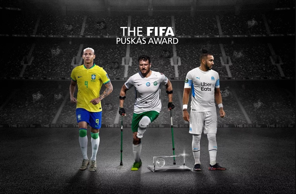 Plakat FIFA z najlepszą trójką do nagrody Puskasa. Od lewej: Richarlison, Marcin Oleksy i Dimitri Payet - grafika rozmowy