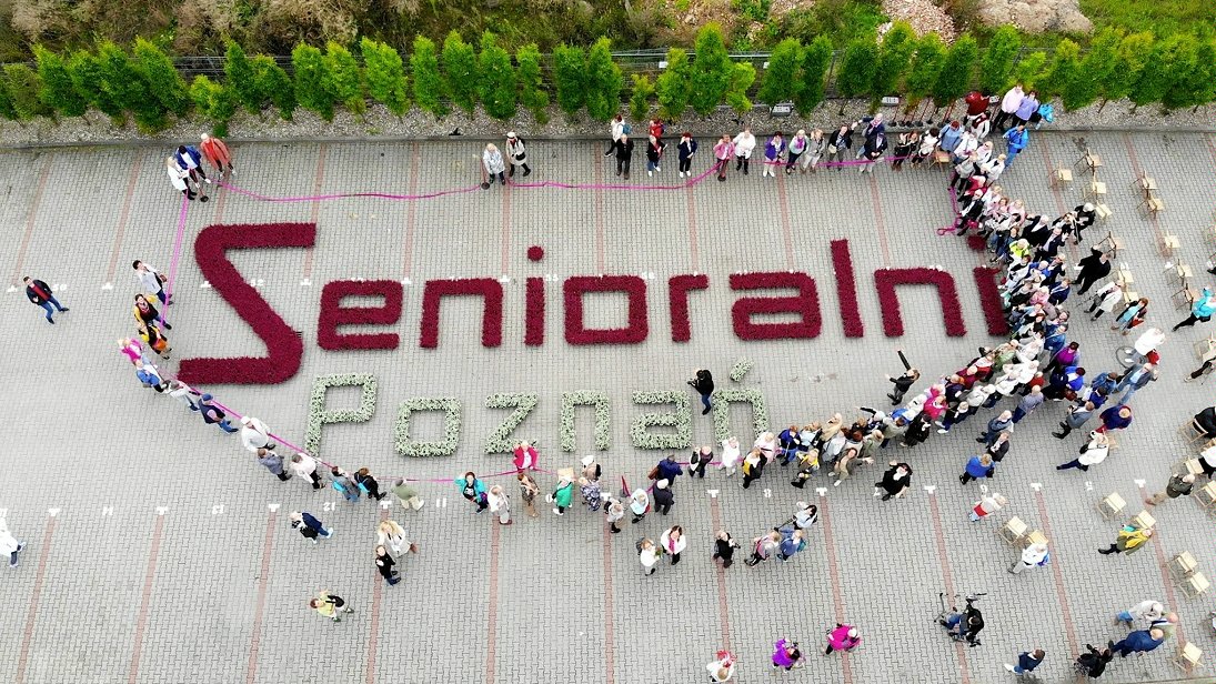 Na zdjęciu widoczny z lotu ptaka napis "Senioralni" ułożony z kwiatów, wokół seniorzy - grafika rozmowy