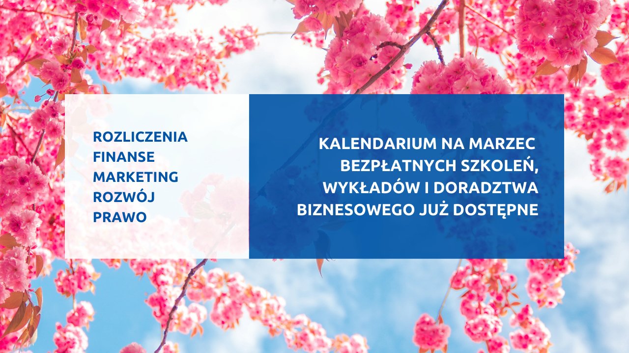 Grafika z informacjami o szkoleniach, w tle gałęzie z różowymi kwiatkami na tle nieba - grafika rozmowy