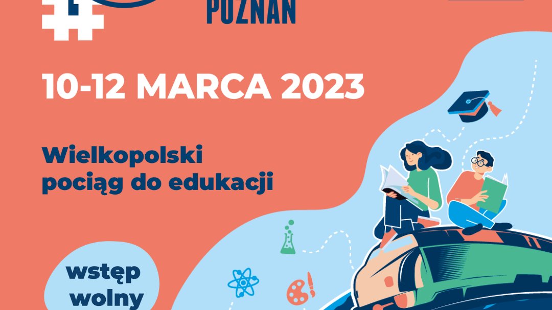 Grafika z informacjami o wydarzeniu oraz elementami graficznymi - dwójką ludz isiedzących na pociągu z książkami w rękach