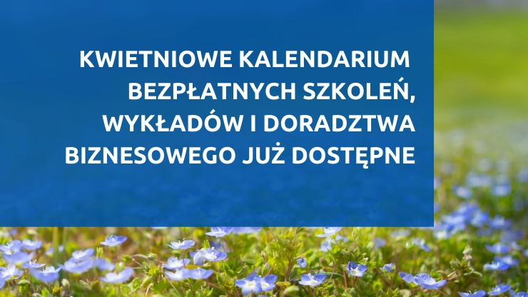 Grafika z informacjami o szkoleniach oraz łąką z niebieskimi kwiatkami i dwoma żółtymi motylami