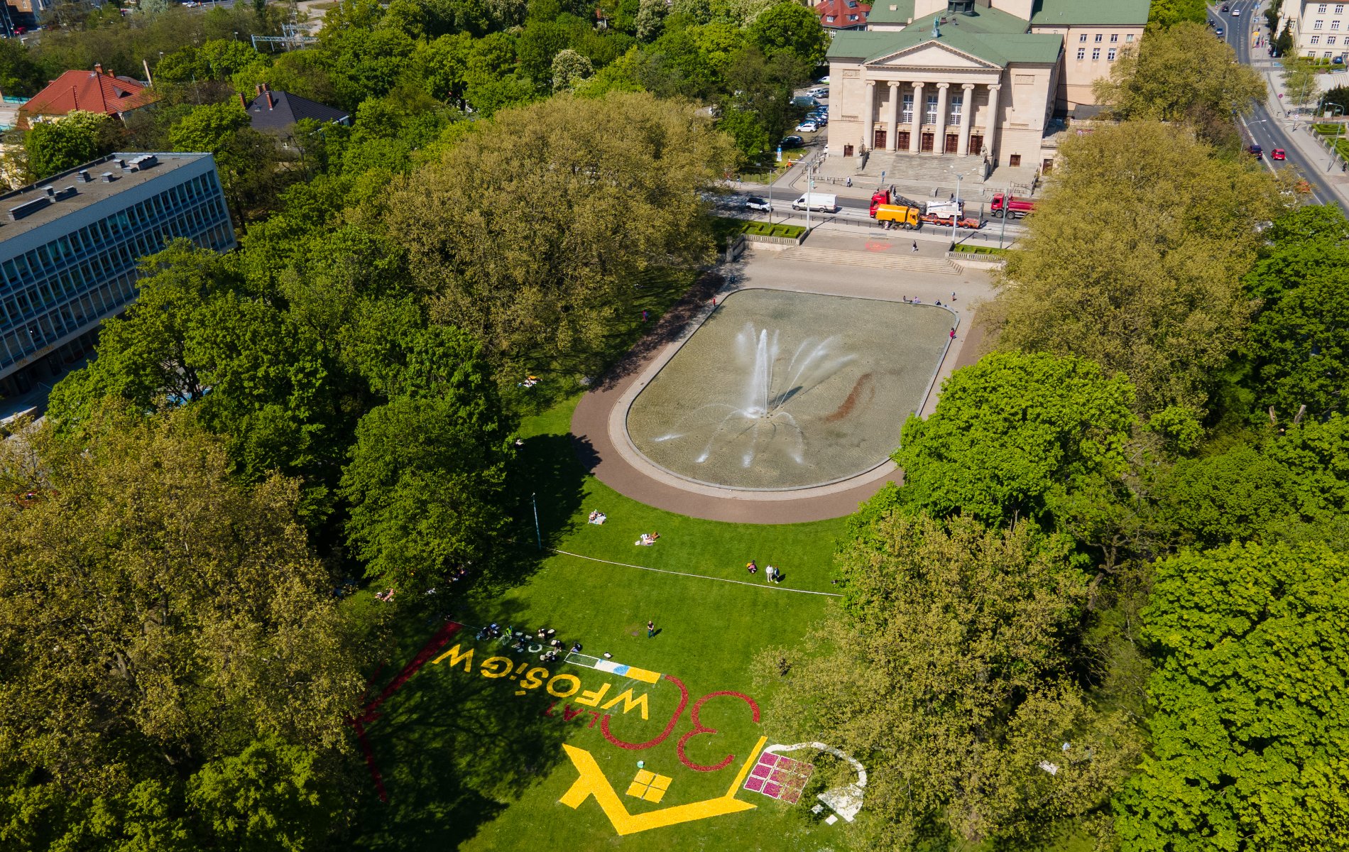 Galeria zdjęć przedstawia dywan kwiatowy w parku - tulipany zostały ułożone na kształt domu, wtyczki do gniazdka, turbiny wiatrowej, paneli fotowoltaicznych oraz napisu - grafika rozmowy