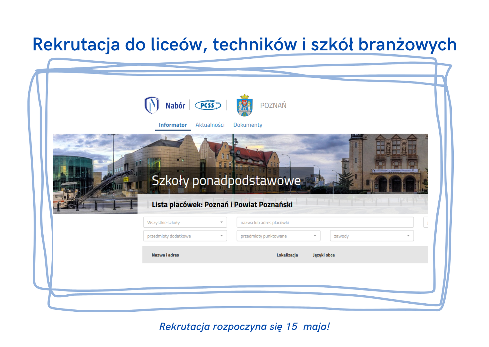 Grafika z informacjami o rekrutacji oraz zdjęciem budynków w centrum miasta - grafika rozmowy