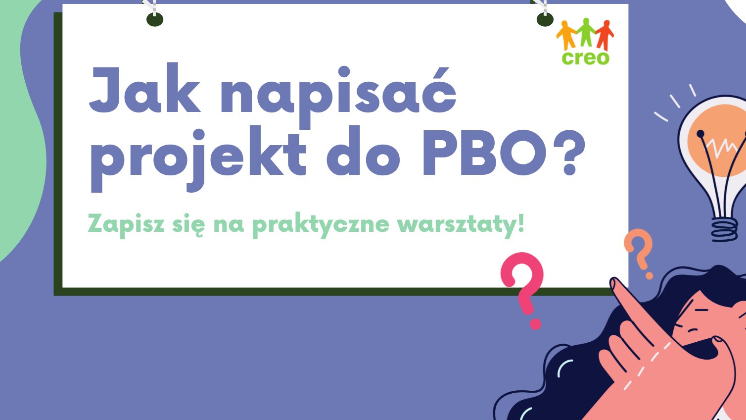 Grafika z informacjami o projekcie oraz elementem graficznym - postacią ze znakami zapytania i żarówką nad głową