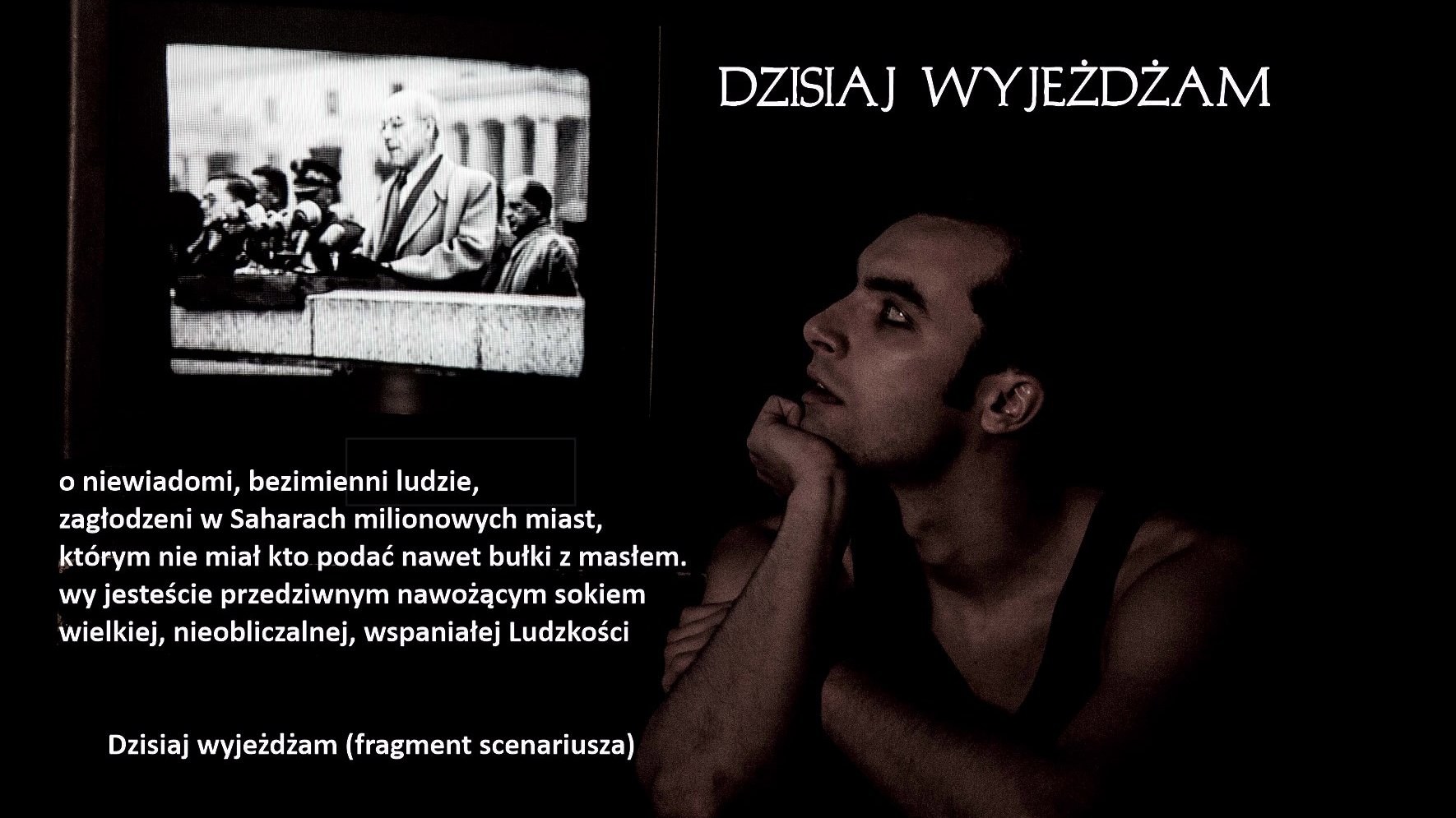 Ciemny plakat z informacjami o wydarzeniu, wizerunkiem aktora oraz kadrem z telewizora