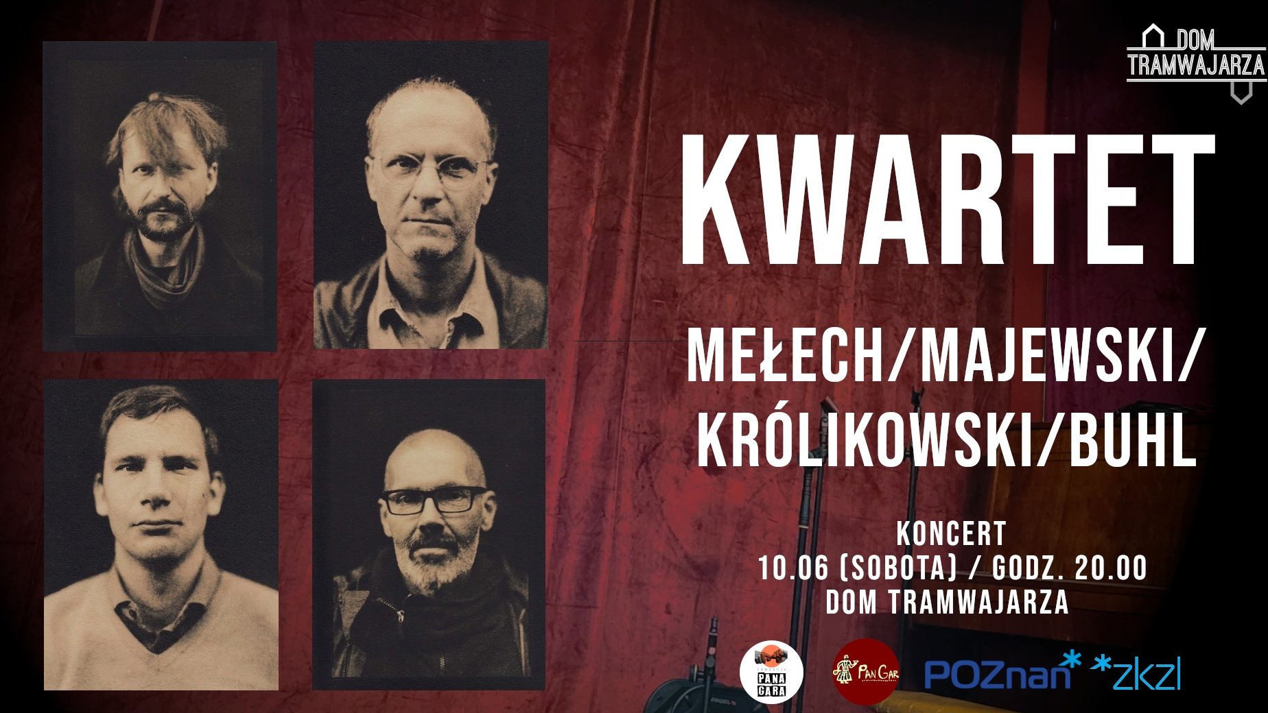 Plakat: czarno-białe zdjęcia muzyków, obok najwazniejsze informacje o koncercie