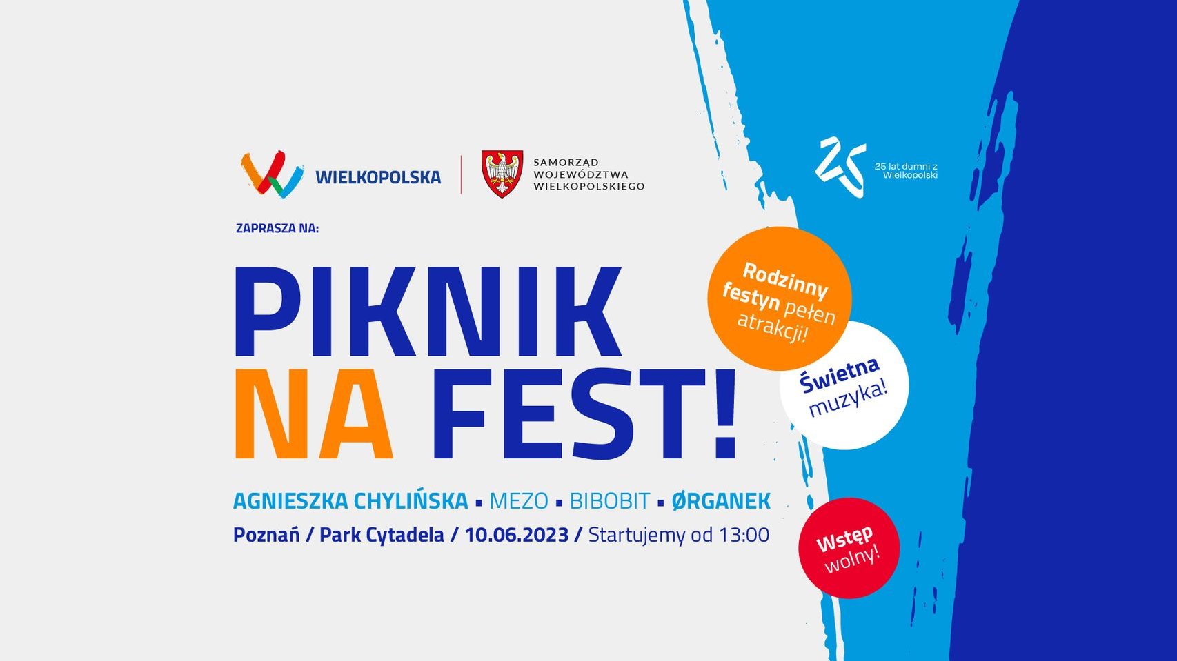 Plakat: na biało-niebieskim tle najważniejsze informacje o pikniku