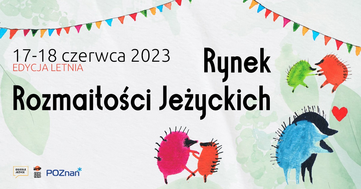 Kolorowy plakat z informacjami o wydarzeniu oraz postaciami rysowanych tańczących jeży - grafika rozmowy