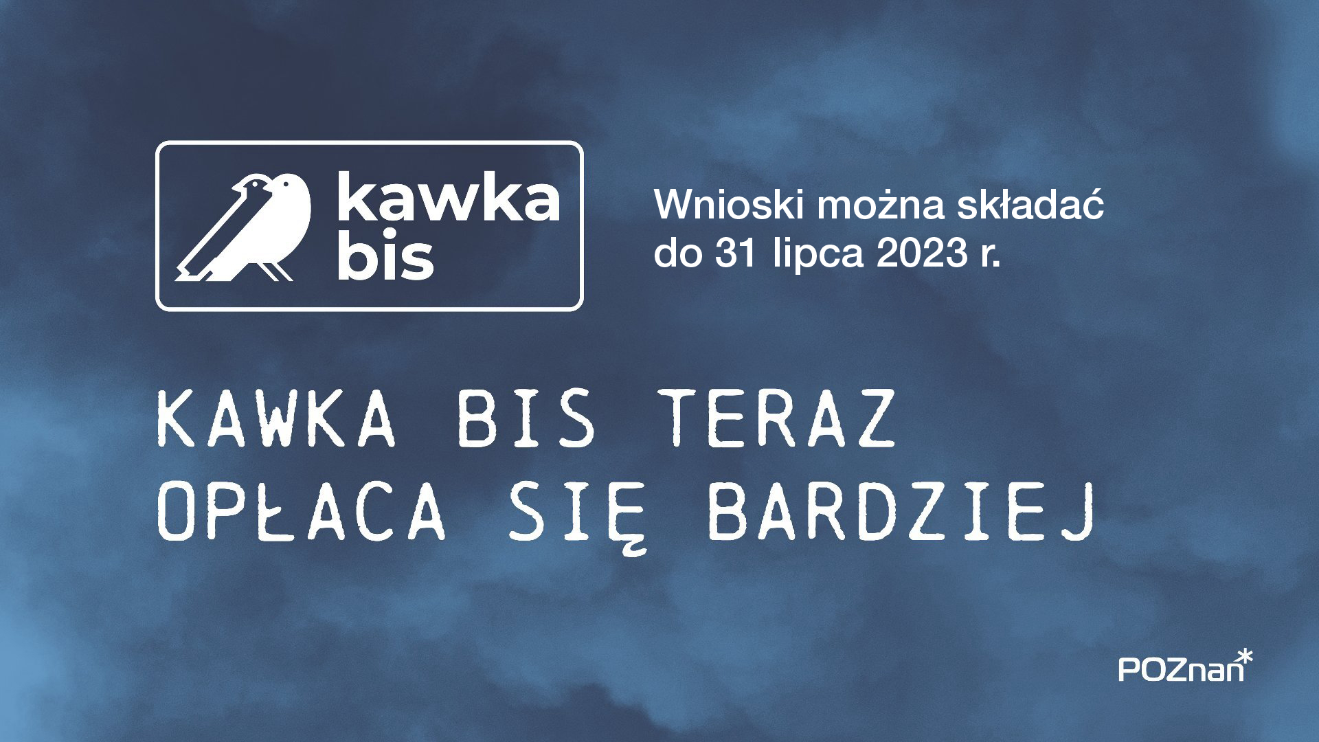 Grafika z granatowym tłem zadymionym, logiem programu z ptakami oraz hasłem "Kawka bis teraz opłaca się bardziej" - grafika rozmowy