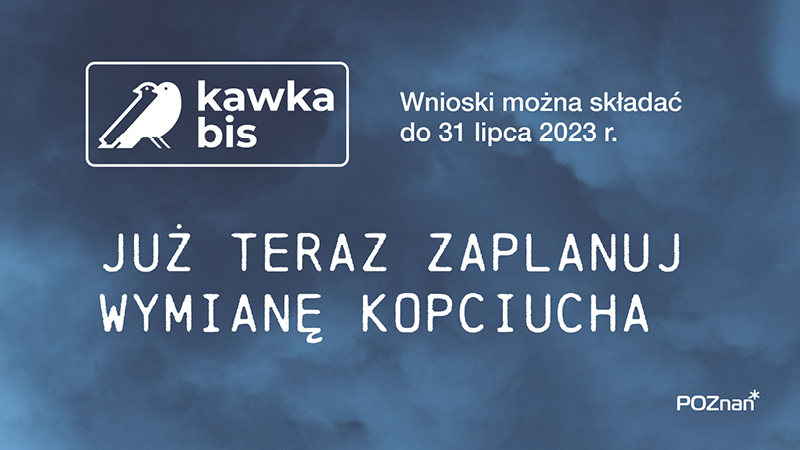 Grafika z granatowym tłem zadymionym, logiem programu z ptakami oraz hasłem "Już teraz zaplanuj wymianę kopciucha"