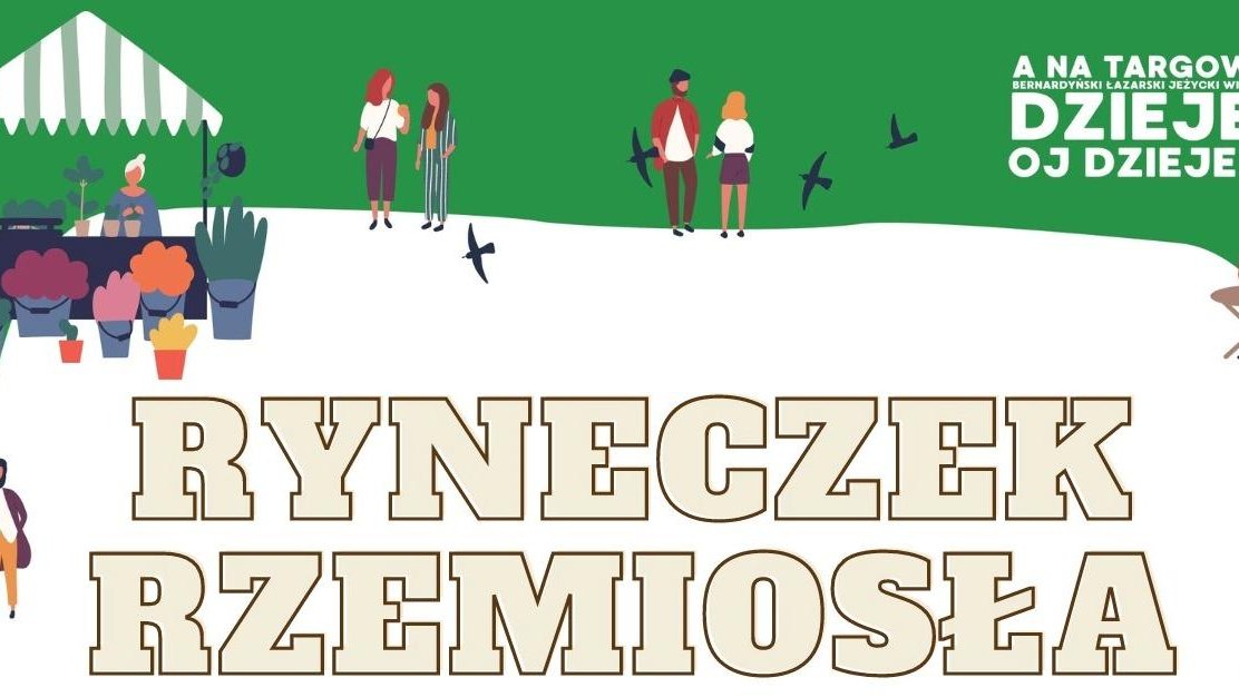 Zielony plakat wydarzenia z informacjami oraz elementami graficznymi - ludźmi na rynku