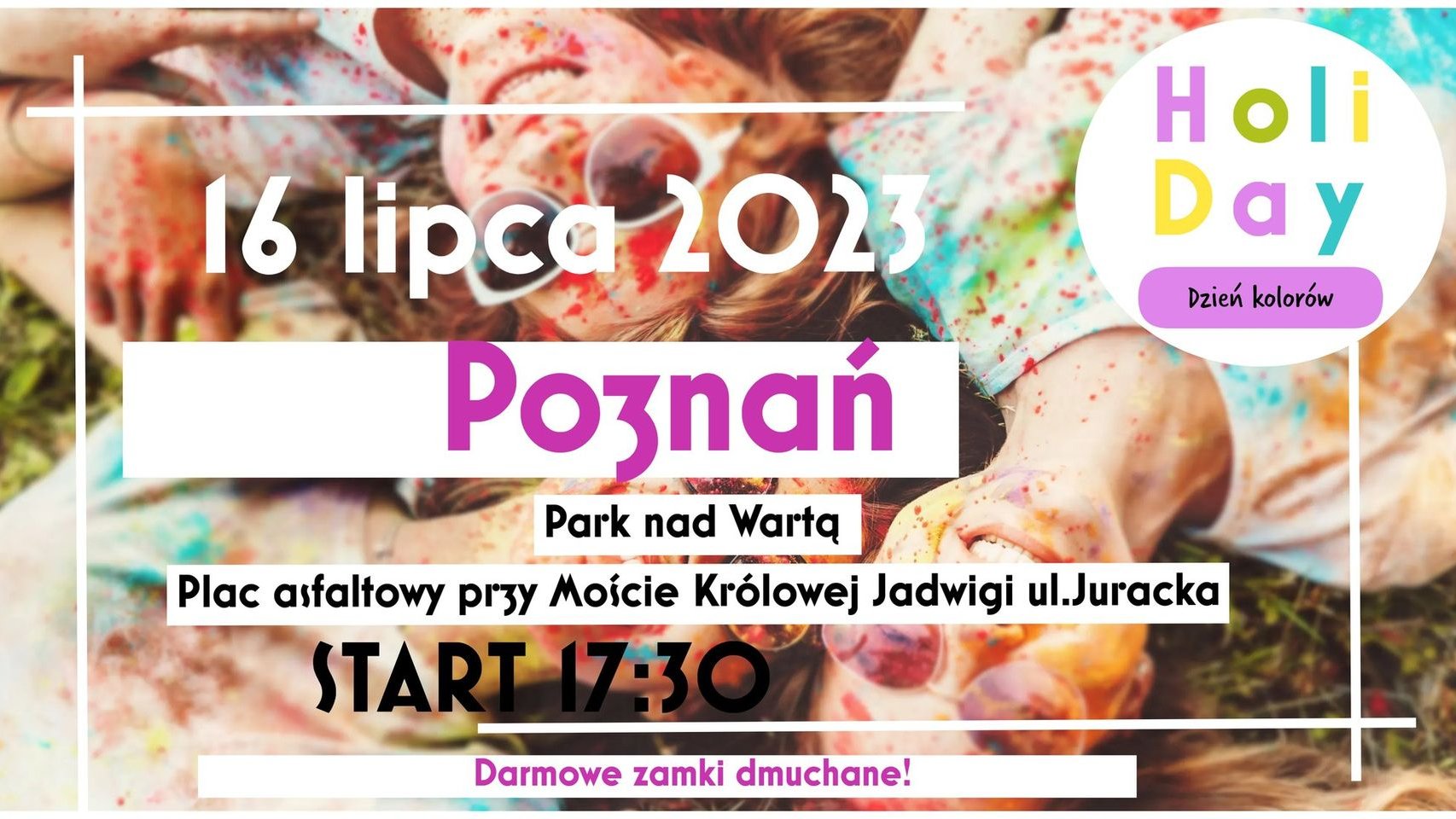 Plakat z informacjami i zdjęciem dzieci obsypanych kolorowymi proszkami