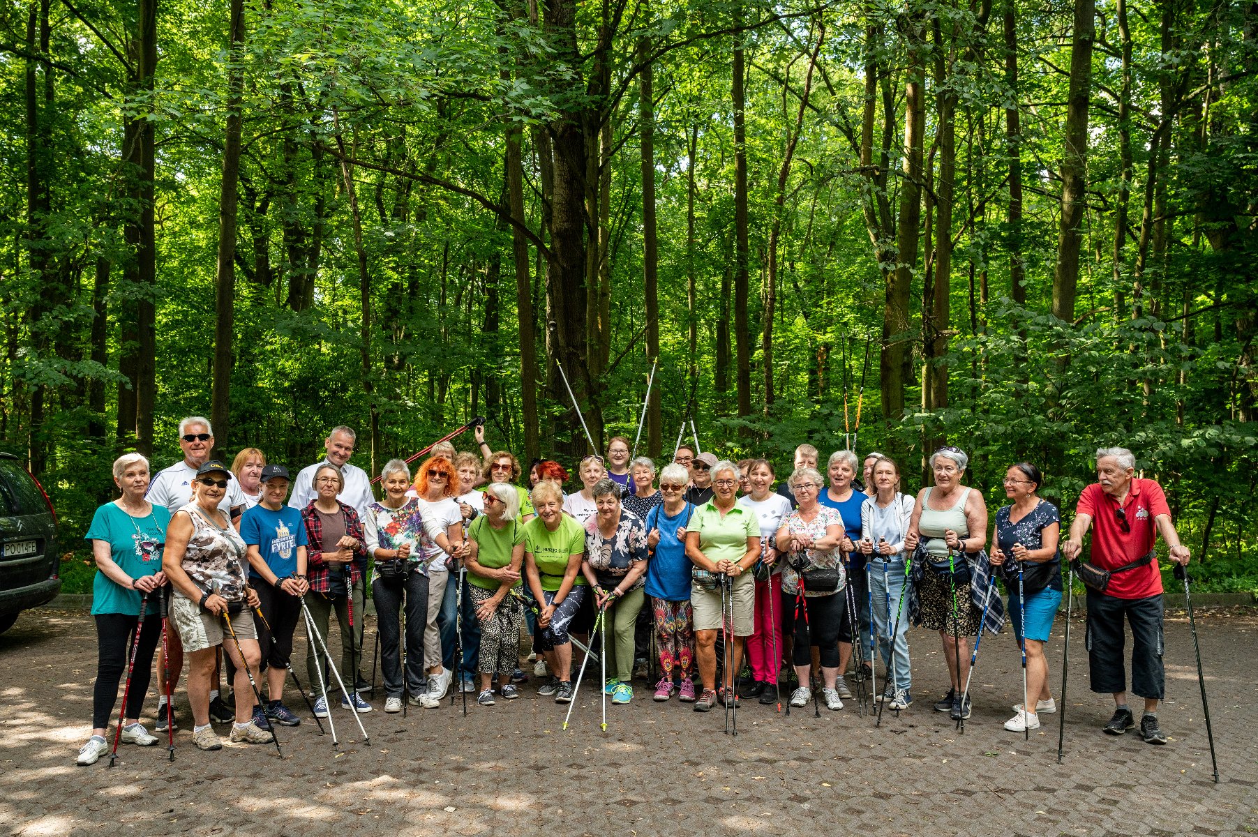 Galeria zdjęć przedstawia grupę seniorów w strojach sportowych z kijkami do nordic walking. - grafika rozmowy