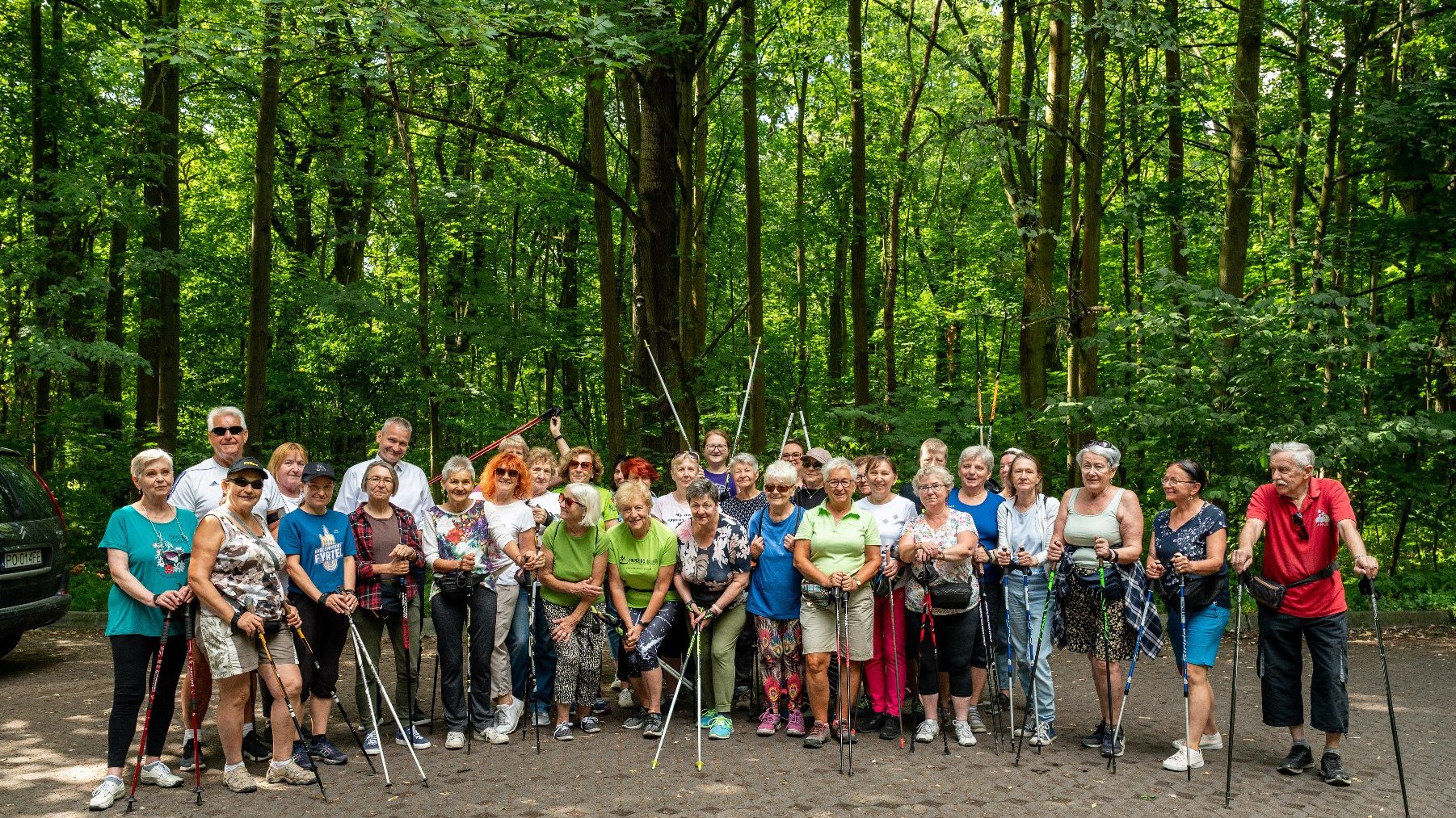 Galeria zdjęć przedstawia grupę seniorów w strojach sportowych z kijkami do nordic walking.