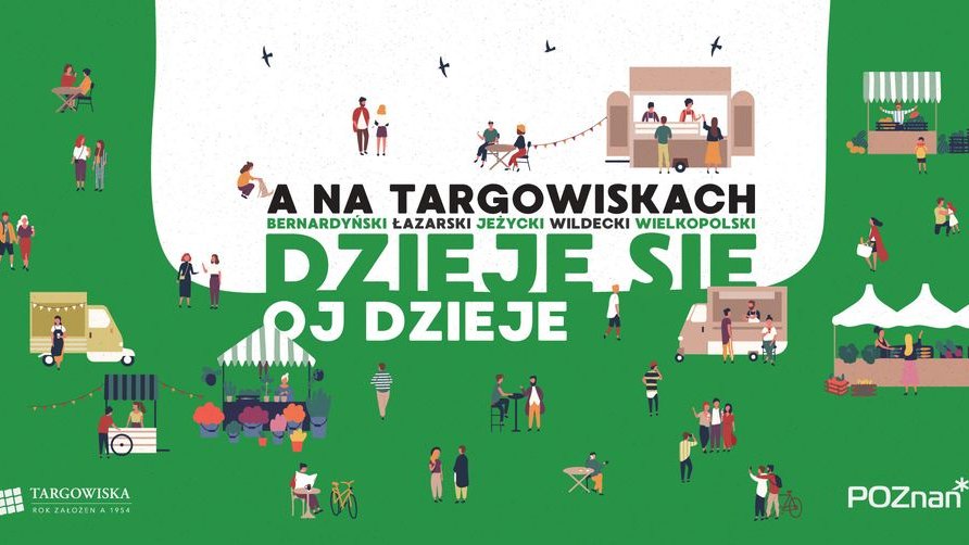 Grafika z napisem "A na targowiskach dzieje się, oj dzieje".