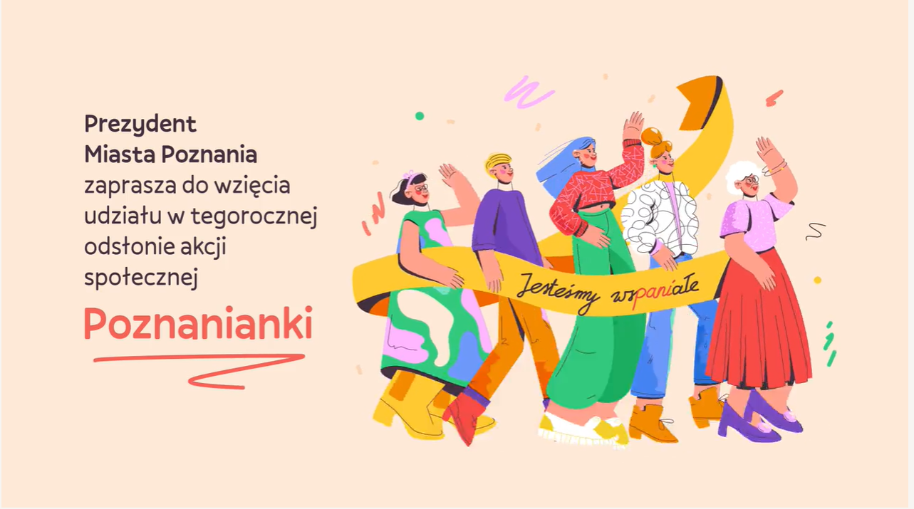 Grafika: kobiety maszerujące w jedną stronę, trzymające napis: jestesmy wspaniałe - grafika rozmowy