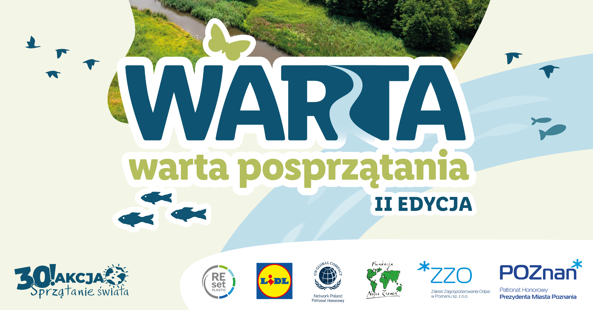 Plakat wydarzenia z informacjami, logami oraz grafikami ryb i ptaków - grafika rozmowy