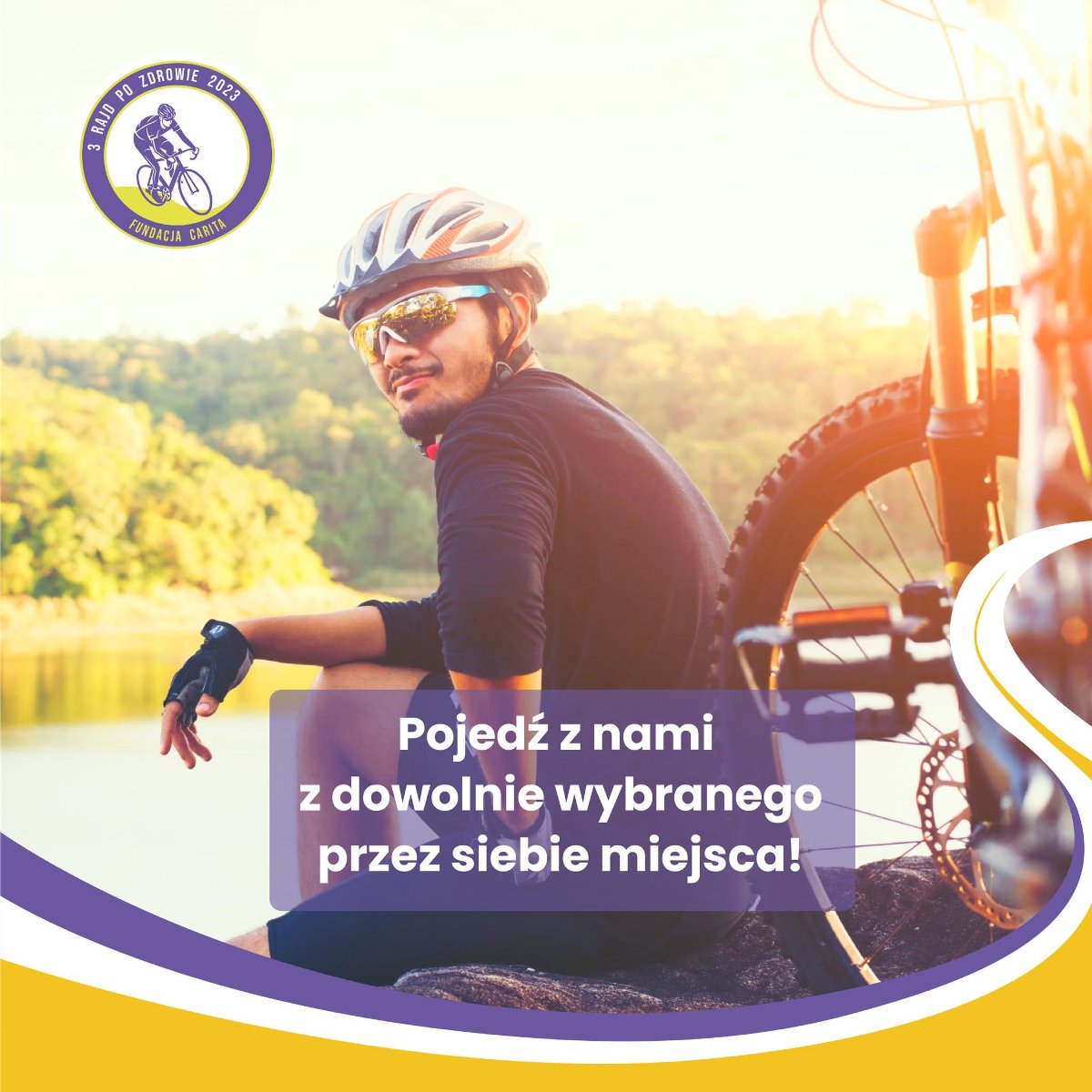 Grafika - rowerzysta siedzący nad wodą, obok rower i napis: pojedź z nami z dowolnie wybranego przez siebie miejsca - grafika rozmowy