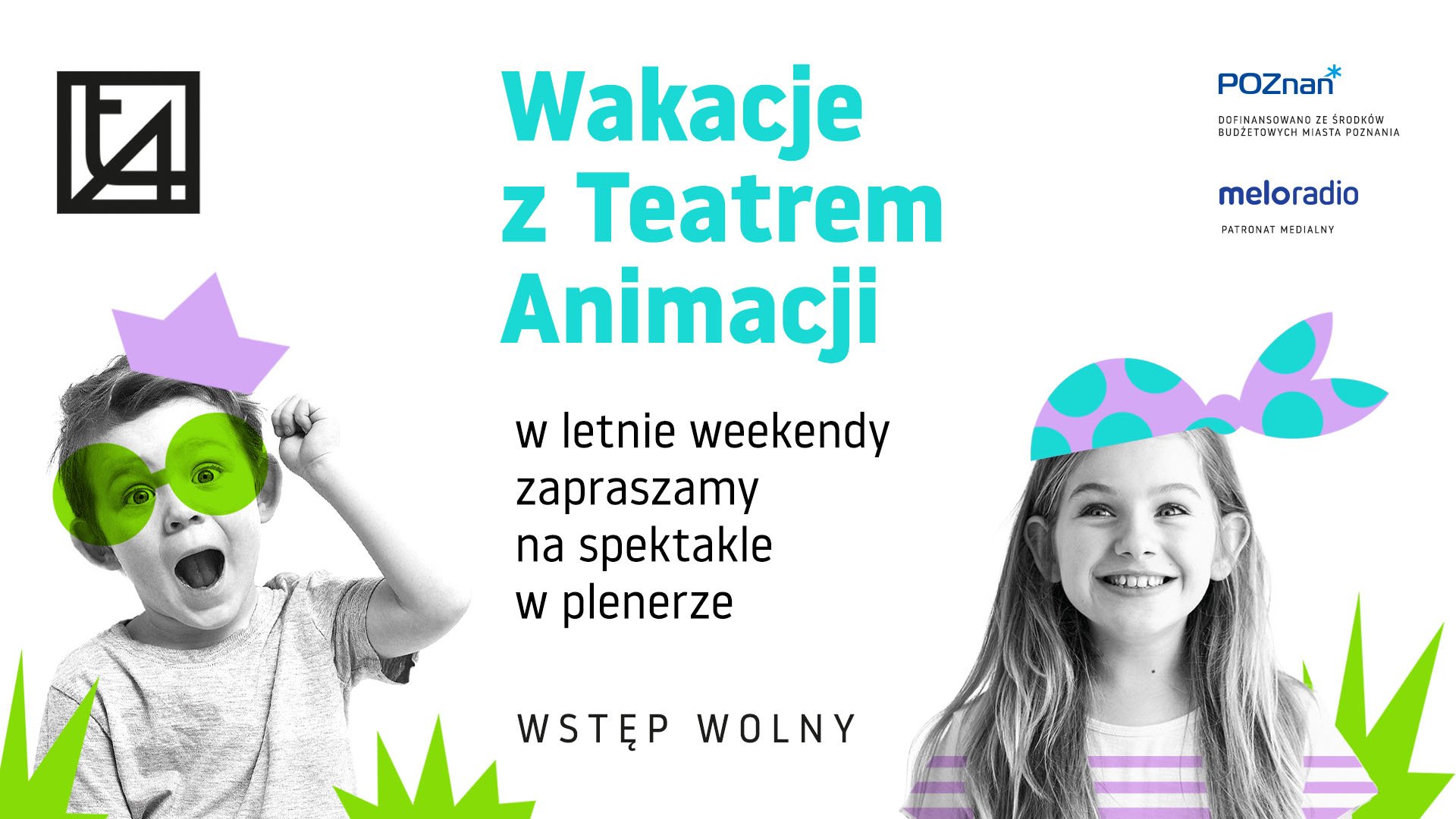 Plakat z informacjami o wydarzeniu oraz dziewczynką w pirackiej chuście i chłopaku w zielonych okularach i fioletowej koronie