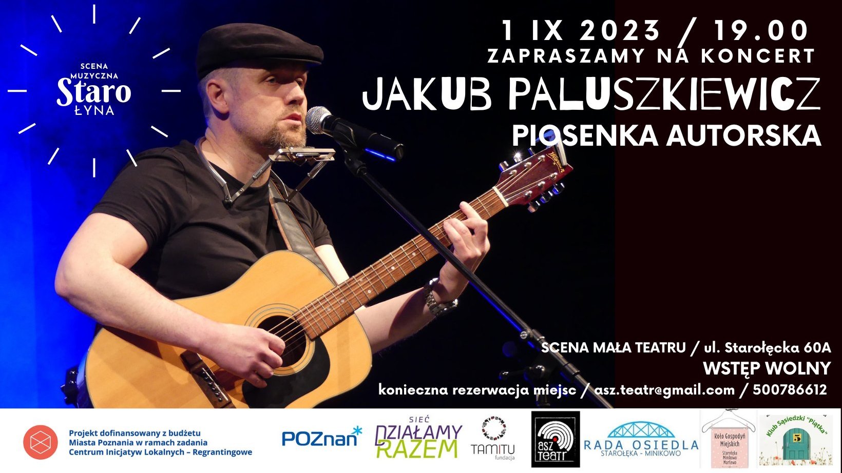 Plakat z informacjami oraz artystą grającym na gitarze