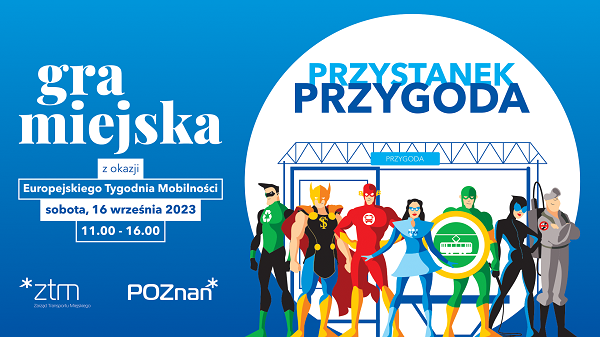 Grafika z postaciami z komiksów oraz datą i miejscem gry miejskiej - grafika rozmowy