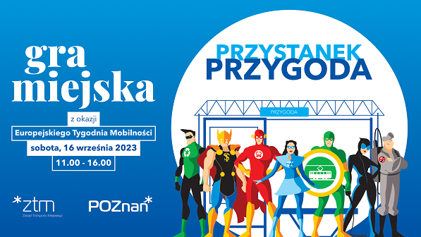 Grafika z postaciami z komiksów oraz datą i miejscem gry miejskiej