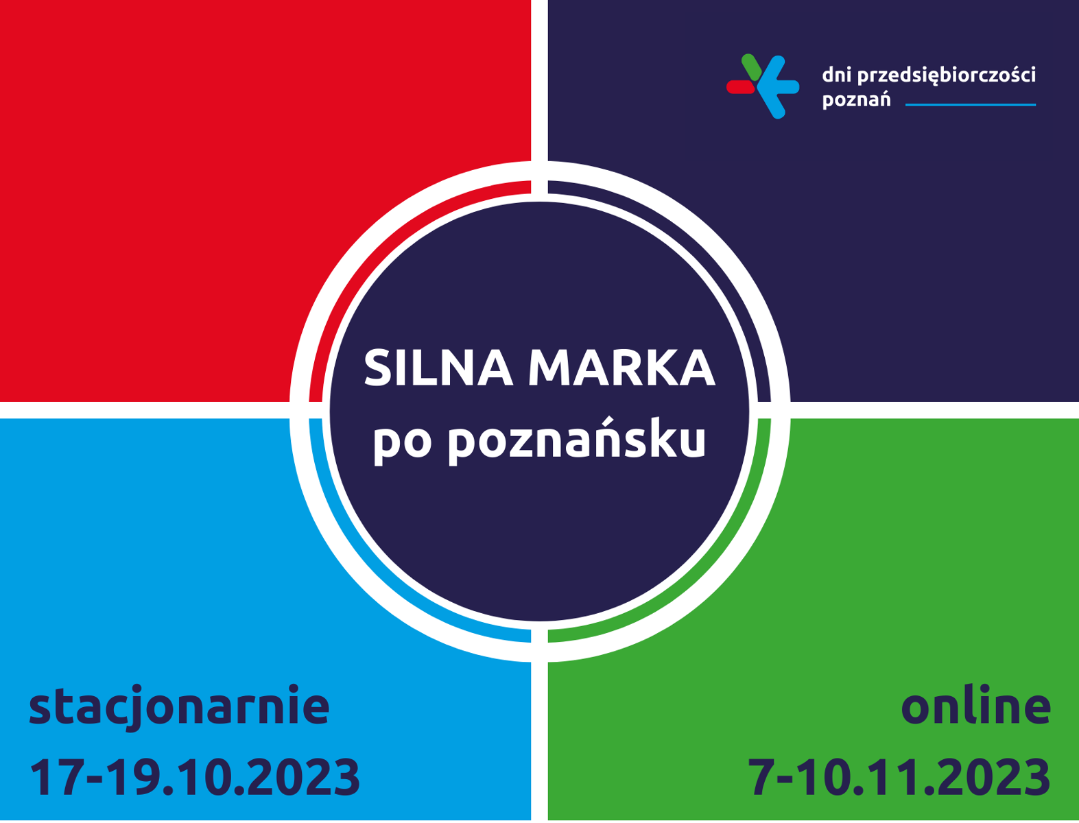 Grafika: kolorowe kwadraty, w centrum napis: silna marka po poznańsku - grafika rozmowy