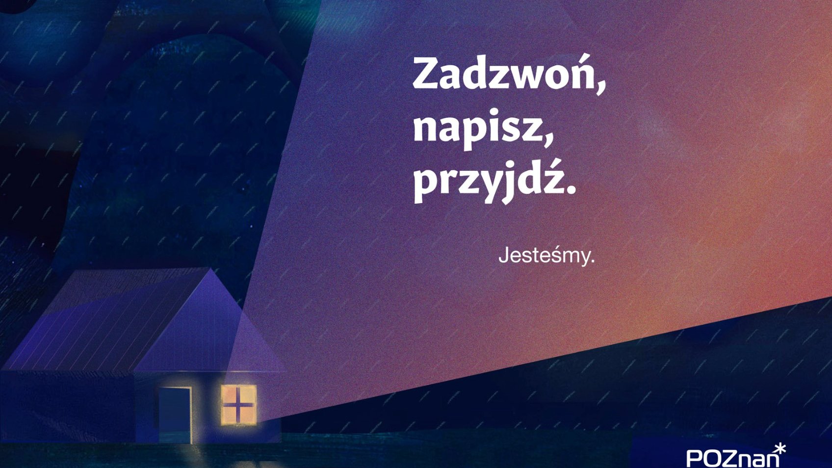 Grafika: dom na ciemnym tle, obok napis: zadzwoń, napisz, przyjdź. Jesteśmy - grafika rozmowy