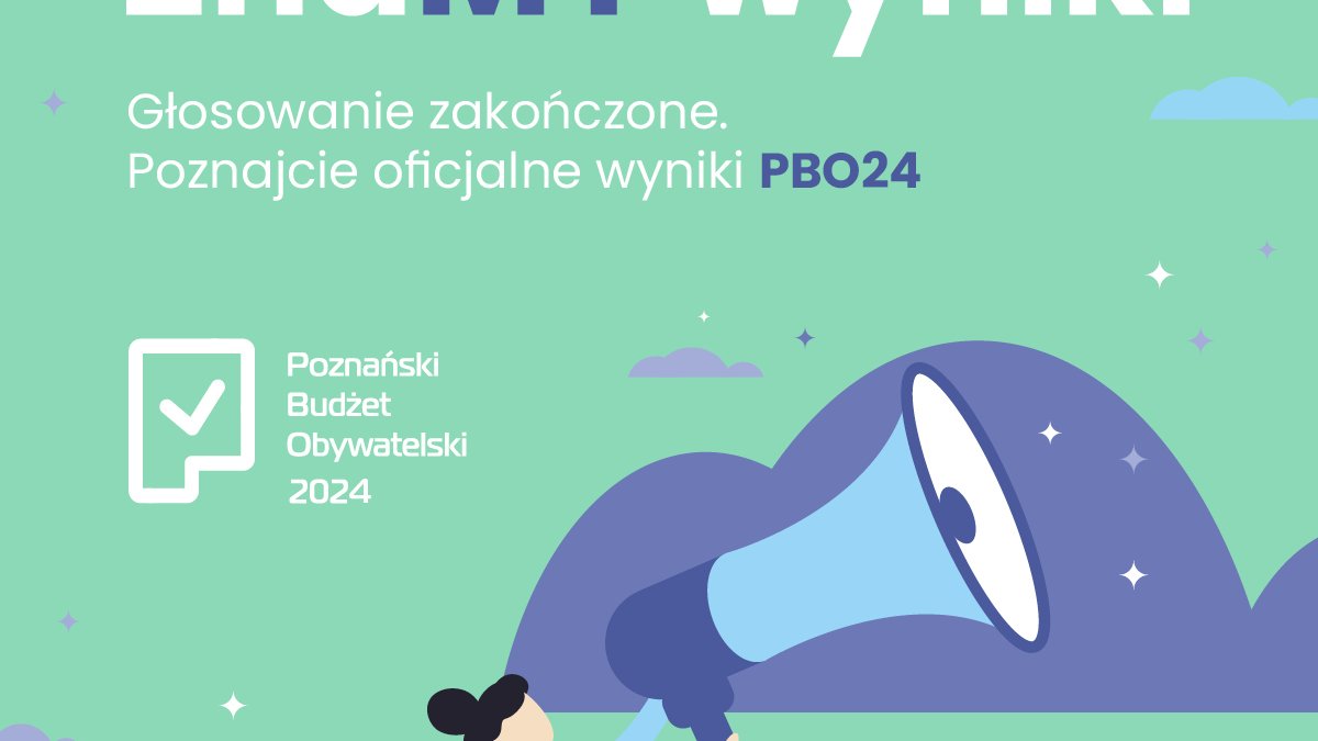 Grafika przedstawia rysunkowego ludzika, który trzyma wielki megafon. Powyżej widać duży napis "Znamy wyniki".