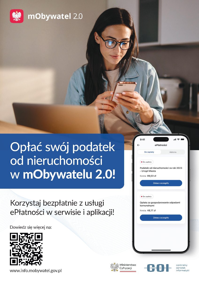 Plakat ze zdjęciem kobiety ze smartphonem, obok najważniejsze informacje o usłudze - grafika rozmowy