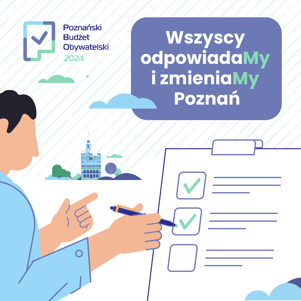 Grafika przedstawia rysunek człowieka, który zaznacza "ptaszki" na karcie do głosowania oraz logo Poznańskiego Budżetu Obywatelskiego. - grafika rozmowy