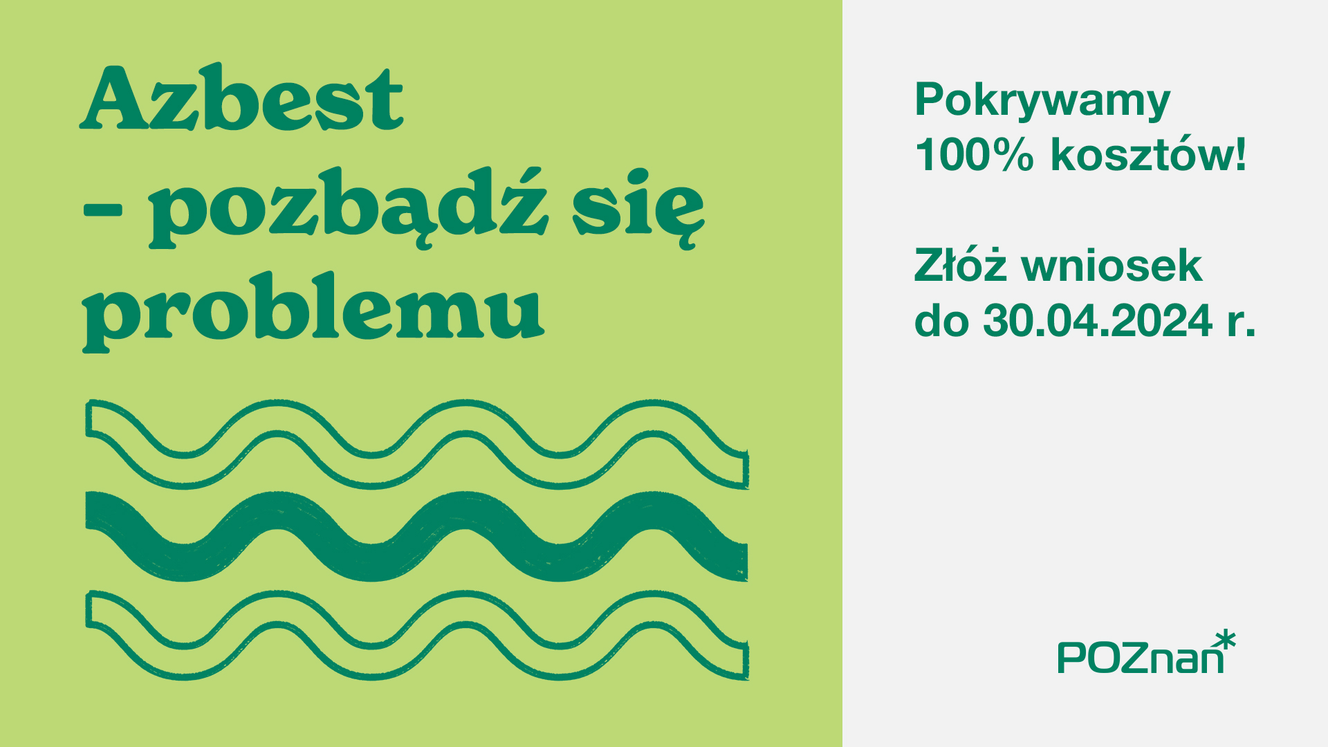 Grafika: na zielonym tle napis: azbest - pozbądź się problemu, obok najważniejsze informacje o programie - grafika rozmowy