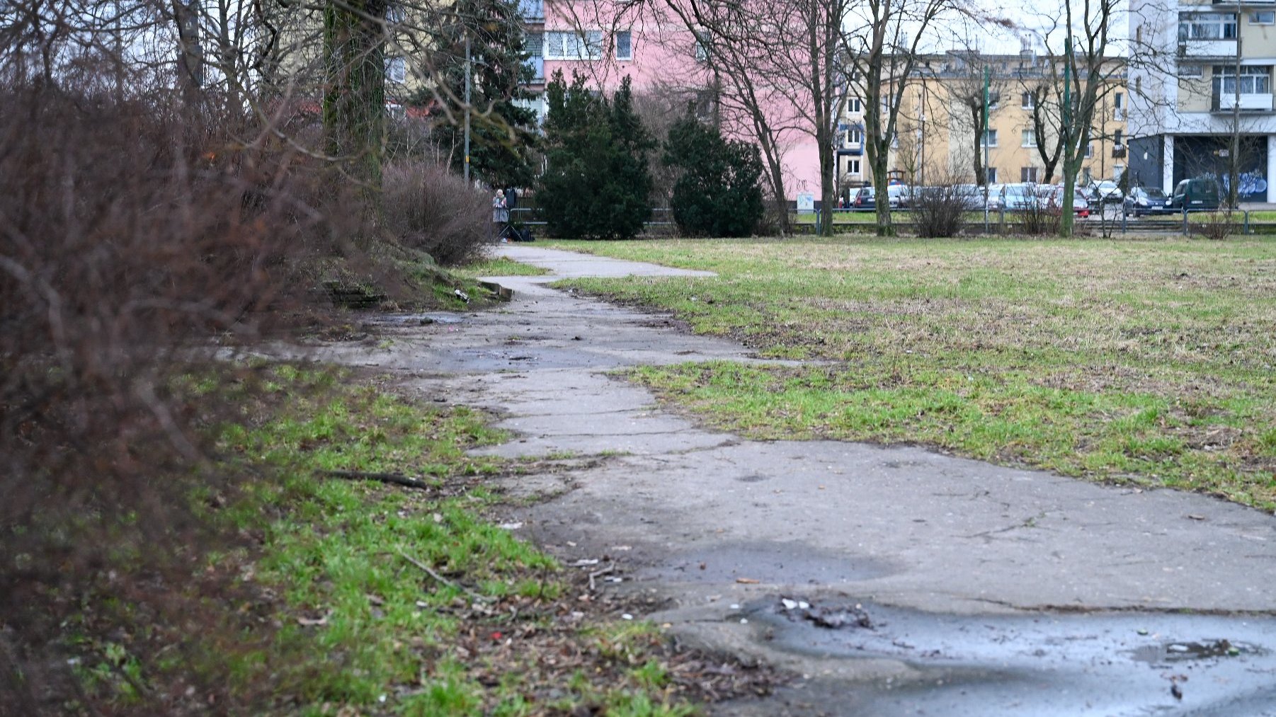 Na zdjęciu pętla Ogrody, na pierwszym planie ścieżka, w tle trawnik i bloki