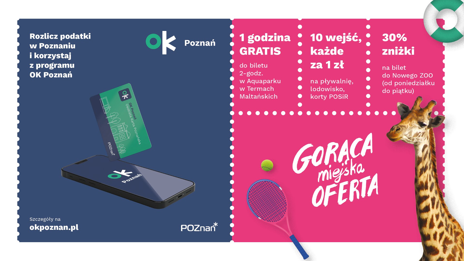 Grafika, na niej wypisane najważniejsze zniżki w programie OK Poznań - grafika rozmowy